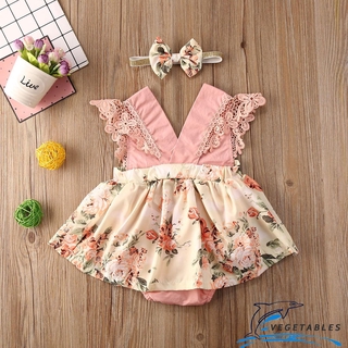ZHY-Baby Girls Romper Floral Sleeveless Lace V Neck Princess Jumpsuit Headband