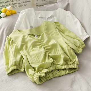 Korean Style Pleated Shirt Puff Sleeve Blouse Student Loose Crop Top