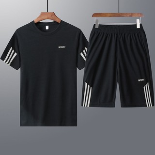 ™♈Sports suit men s summer short-sleeved shorts fitness clothes quick-drying women s loose ice silk