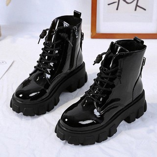 High-top boots--European and American autumn 2021 thick-soled boots children British style handsome patent leather lace-up motorcycle boots women s all-match short boots