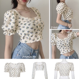 Sweet Floral Lace Trim Square Neck Puff Sleeve Top Women's Korean Crop Top