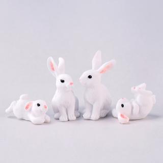 4pcs Family White Rabbit Figurine Animal Model Resin Craft Micro Landscape Home Decor Miniature Fairy Garden Decoration Accessories