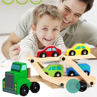 Truck cars green transporter race track wooden toy play pretend montessori (3)