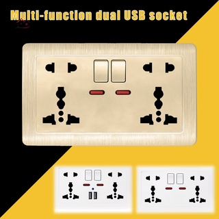 tiktok Multifunction UK 13A Wall Socket Push Button 2.1A USB dual multi five port PC material Double Wall Power Socket Universal 5 Hole 13A Dual USB Charger Port Socket with Switch
