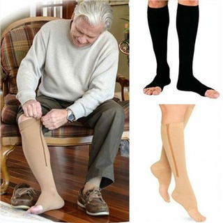 ✻✆Great-king Zipper Compression Socks Zip Leg Support Knee Stockings Sox Open Toe Beige