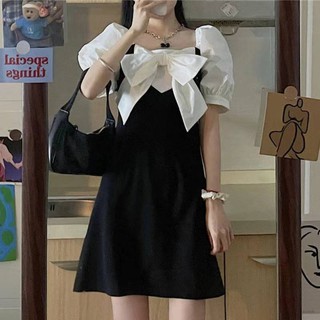 cy18 French retro dress women's bow skirt new sweet first love show thin bubble sleeve skirt GGeb