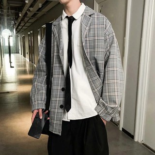 Read Stock】M-2XL Korean Gray checkered Men's checkered Blazer Business Leisure four Button Formal loose fit Suit for men Jacket out wear fashion coat (1)