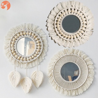 Wall Hanging Mirror Macrame Tapestry Boho Natural Apartment Bedroom Home Decor Round Hanging Wall Mirror Mirror Wall Hanging Decor Nordic Wall Hanging Mirror Decorative Hanging Wall Mirror LKY