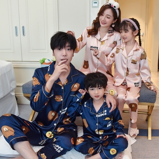 Bread Bear Family Sleepwear Kids Silk Pajamas Set Thin Long Sleeve Terno Pantulog Girls Korean Loungewear