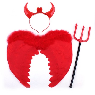 3pcs Halloween Feather Wing Evil Red Feather Wing Costume Suit