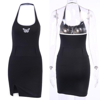 WIT Women Sexy Sleeveless Halter Butterfly Embroidery Bodycon Mini Dress Gothic Harajuku Side Split Backless Party Clubwear