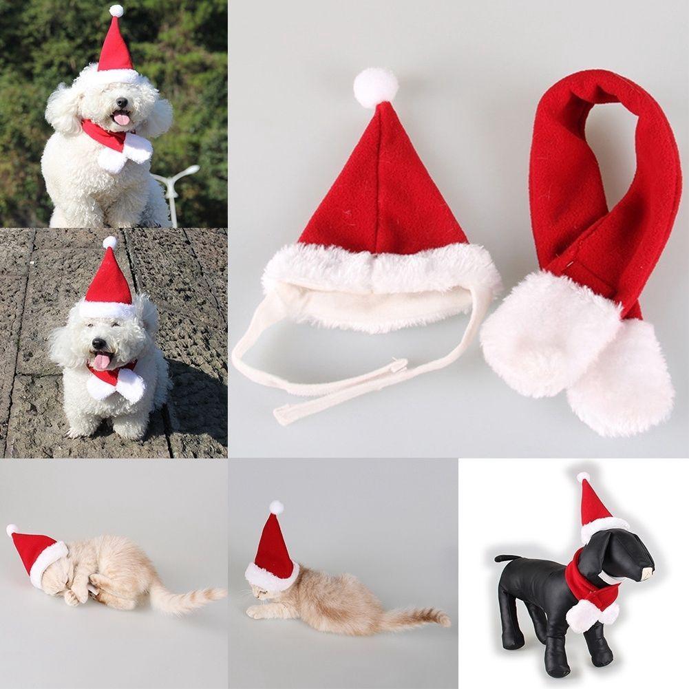 2PCS Pet Cat Dog Santa Hat + Scarf Christmas Red Costume