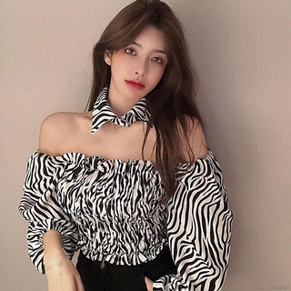 Women's Retro zebra slim fit short long sleeve cropped top + collar