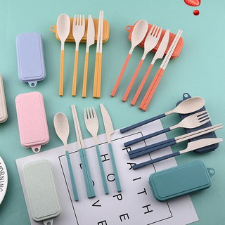 5pcs COD and ready stock hot sale wheat straw environmental protection high temperature resistant folding portable box knife fork spoon chopsticks tableware set
