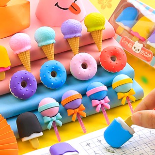 ♘4pcs Yummy Dessert Erasers Set Mini Lollipop Icecream Popsicle Donuts Rubber Pencil Eraser for Kids