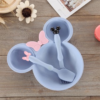MUZI. Cute Cartoon Baby Feeding Bowl Minnie mouse Plate Design Tableware Set Spoon Fork Dishes