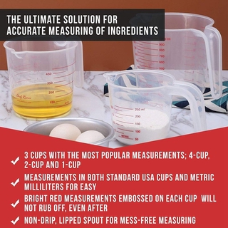 3pc Plastic Measuring Jug Set Large 4 Cup, 2 Cup and 1 Cup Capacity BPA Free Measuring Beakers with (8)