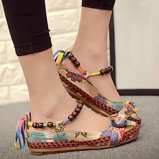 【Ready Stock】Women Ethnic Lace Up Beading Round Toe Comfortable Flats Colorful Loafers Shoes