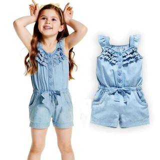 Baby Girls Clothing Rompers Blue Cotton Washed Jeans Sleeveless Bow Jumpsuit 0-5Years Old