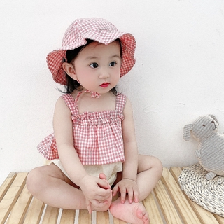 Baby Girls Sling Plaid Cotton Romper + Hat Set Newborn Baby One-piece Clothes Infant Baby Jumpsuit Clothes Suit