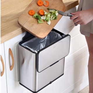 Stainless Steel Kitchen Trash Can Dustbin Double Barrel Bathroom WC Wall Trash Bin With Movable Covers Folding Waste Bin