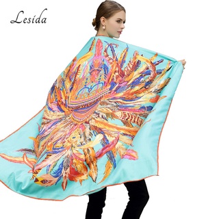 LESIDA Silk Scarf Women Large Shawls Feather Print Stoles Square Bandana Luxury Brand Kerchief