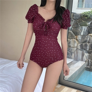 2021 Women Korean Hot Spring Retro Wave Dot Short-sleeved Swimsuit Slim High Waist One-piece Swimsuit c3015