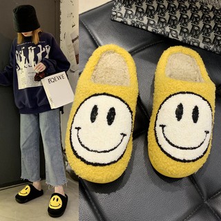 ❂❄♘Smiley face autumn and winter plush plush couple cotton slippers female bag with home cute thick- (4)
