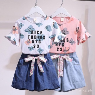 Girls Summer Short-Sleeved Kit2021New Girls' Cotton Short-Sleeved Korean-Style Denim Shorts Two-Piece Set3-5Years Old 6-