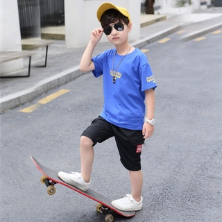 Children s summer boy short-sleeved suit, big kids 2021 new two-piece Korean style tide