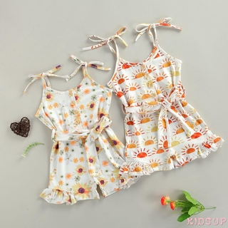 KIDSUP-Baby Camisole Jumpsuit with Adjustable Shoulder Strap, Flower Print Bow Belt Summer Clothing