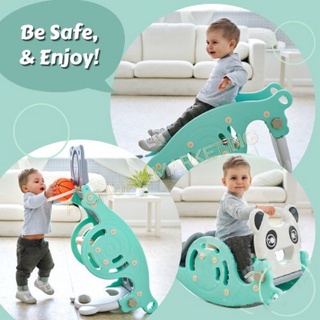 slide and rocking horse 3 In 1Kids rocking horse with slides combined with basketball hoop