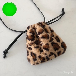 Fashion Plush Retro Leopard Bag Women Winter Shoulder Messenger Bag Drawstring Mini Handbag Cute Cro (1)