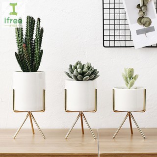 【ready stock】White Ceramic Flower Pot Nordic Style Plant Container with Iron Frame Home Decoration