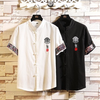 Linen men's new Chinese style printed disc button men's Cotton Linen Shirt Large short sleeve shirt