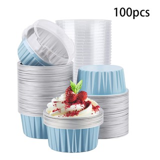 100Pcs 5Oz 125Ml Disposable Cake Muffin Liners Cups with Lids Aluminum Foil Cupcake Baking Cups-Blue