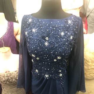 Navy blue gown Sabrina neckline