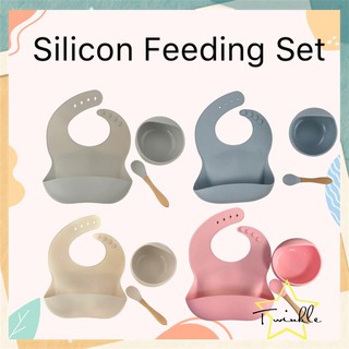 【Available】A&S 3pcs/set silicone feeding set - Silicone Bib / Baby Bowl / Baby Spoon Set Food Grade