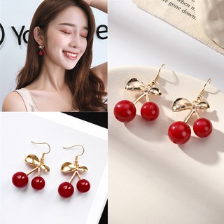 【Bluelans】 Women's Red Cherry Transparent Beaded Gold Leaf Earrings Transparent Rhinestones