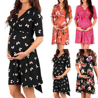 Womens Pregnant Floral V Neck Maternity Short Mini Dress Photography