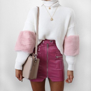 Pink Black White Leather Pu Mini Skirts Fashion Zipper Pocket Bodycon Skirts (1)