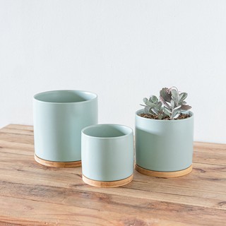Sky Blue Mini Ceramic Flower Pot Succulent Plant Flowerpot Bamboo Tray Base Home Office Decor