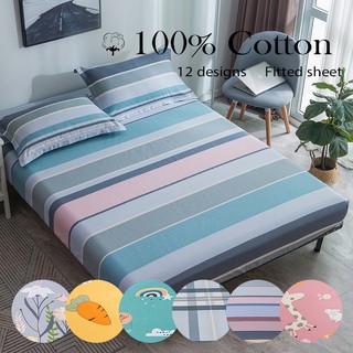 DANSUNREVE Cotton Fabric Bedsheets Plaid Stripes Fitted Sheet Floral Bedsheet Twin Queen King Size Bed Sheet
