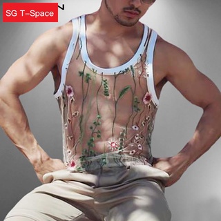 ✶Men Tank Tops Mesh See Through Embroidered Sleeveless O Neck Breathable Streetwear Vests 2021 Sexy