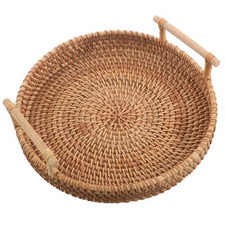 Rattan Bread Basket Round Woven Tea Tray With Handles For Serving Dinner Parties Coffee Breakfast (8.7 Inches) LKJ