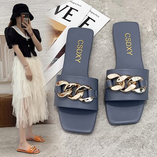 Korean Style Women's Flat Slide Square Toe Chain Design Sandals