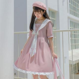 【Flash Sales】 Student Skirt 2020 Summer New Korean Academic High Waist Navy Collar Medium Long Short Sleeve Dress Female Trend (1)