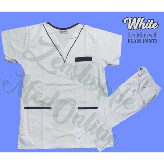 Scrub Suit Set with Piping & Plain Pants (White) [LCR]