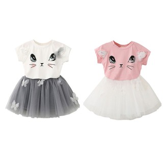 Baby Girls Cartoon Kitten Printed Tops+Net Veil Skirt Set