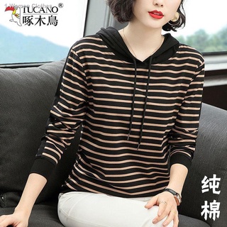 ♝⊕Woodpecker long-sleeved t-shirt pure cotton new loose bottoming shirt middle-aged mother age reduc (9)